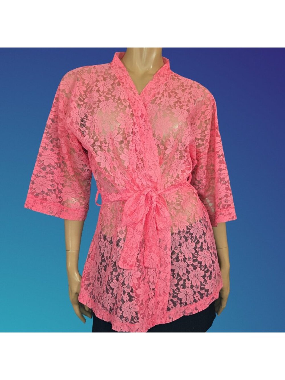 Vintage 80s Bright Coral Pink Lace Belted Kimono Cardigan Size M Bed Jacket